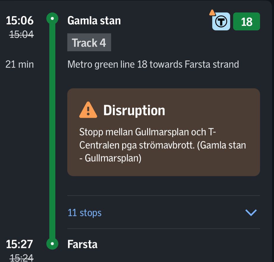 Linje 18: Stopp mellan Gullmarsplan och Centralen pga strömavbrott. (Gamla stan - Gullmarsplan)