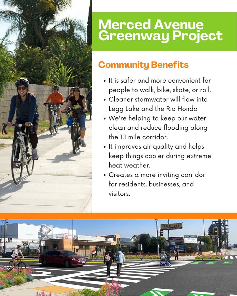 A promotional flyer for the Merced Avenue Greenway Project. The top half shows a group of people walking along a landscaped path. Below, a bulleted list highlights community benefits such as safety, cleanliness, and improved air quality. An intersection rendering at the bottom depicts enhanced pedestrian accessibility.