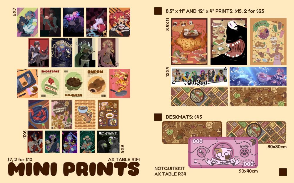 Multiple prints (5"x7" and 4"x6") featuring DRAMAtical Murder, Vocaloid, Hoyoverse, Hades, Green Yuri, and many food themed designs with bread, soup, Korean BBQ, and more
$7, 2 for $10

Guoba from Genshin Impact themed hotpot print, with ingredients such as fresh vegetables, quail eggs, and thinly sliced meat. Menu is spelled in letters shaped like fire. (8.5"x11")
$15, 2 for $25

No Face from Spirited Away themed menu print, featuring dumplings, crispy pork belly, onigiri, and more. (8.5"x11")
$15, 2 for $15

Buff Bunny themed dessert menu, with an acai bowl, protein shakes, and honey toast. A brown muscular bunny holds a protein shake on a tray in the right corner. (8.5"x11")
$15, 2 for $15

Long 12"x4" prints featuring Heartsteel, Kokomi from Genshin Impact, a hotpot surrounded by ingredients such as lotus root, meat, bokchoy, carrots, and more, and a plethora of bread, such as melonpan, pretzel rolls, baguettes, and more.
$15, 2 for $15

Deskmats featuring a plethora of bread, such as melonpan, pretzel rolls, baguettes, and more, and a hotpot surrounded by ingredients such as lotus root, meat, bokchoy, carrots, and more. 80cm x 30cm
$45

Deskmat with a pink background resembling a dollar bill. A pink cat sits in the middle with tears running down its face. The words "no monie" are underneath.
$45 