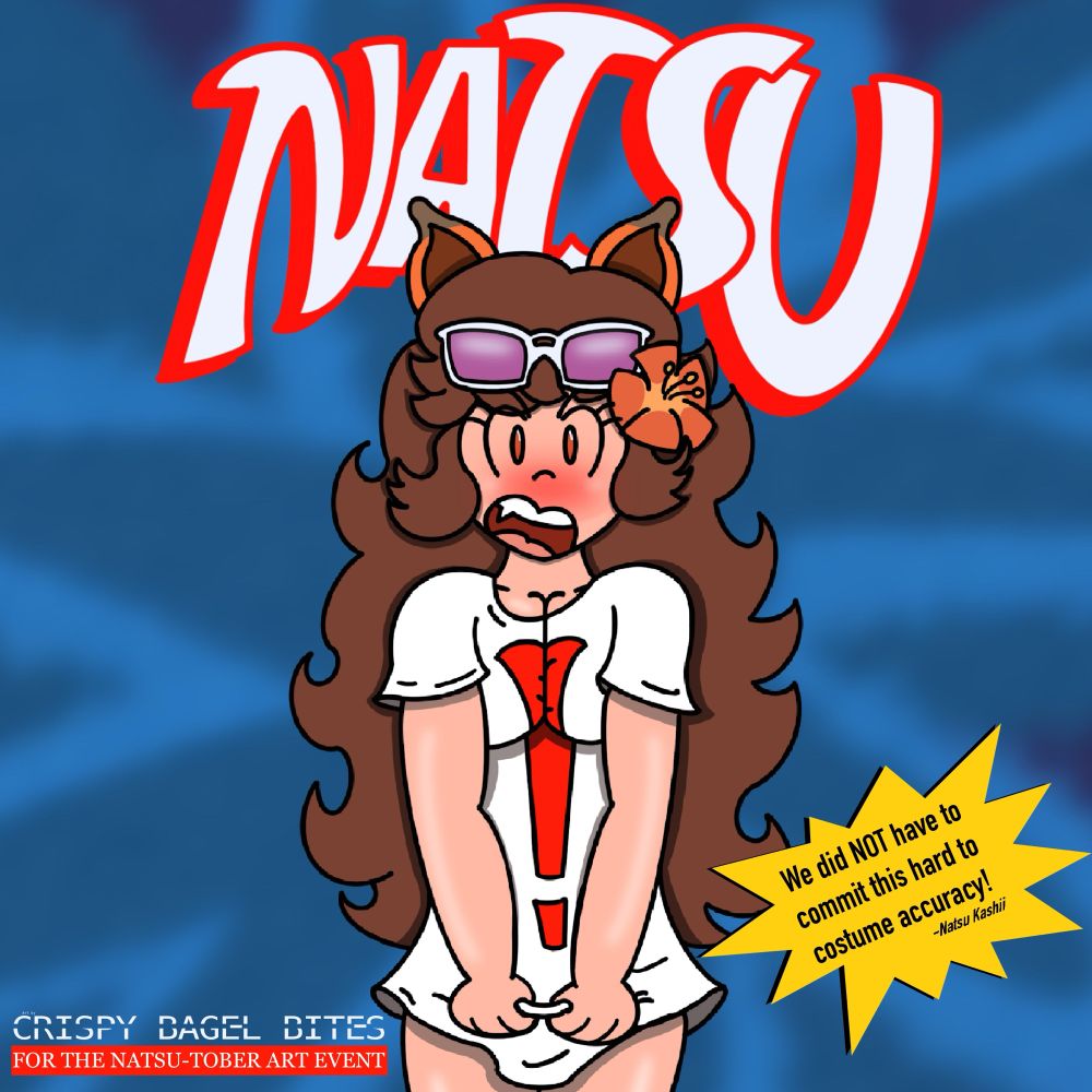 Natsu Kashii dressed as the infamous Bubsy Bobcat from the 1992 Super NES and Genesis game, “Bubsy”. She is only wearing a white t-shirt with an exclamation point on it, pulling it down over her legs with an embarrassed/angry expression.