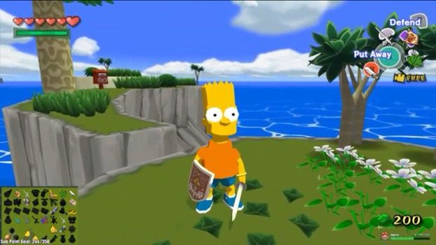 screenshot of zelda wind waker mod that replaces link with bart simpson