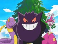 team meanies from the pokémon mystery dungeon anime, consisting of (from left to right) ekans, gengar and medicham 