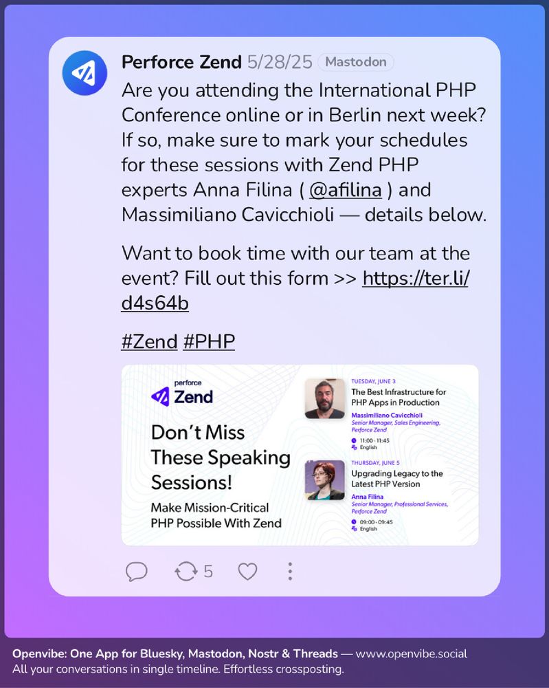 Are you attending the International PHP Conference online or in Berlin next week? If so, make sure to mark your schedules for these sessions with Zend PHP experts Anna Filina ( @afilina ) and Massimiliano Cavicchioli — details below.

Want to book time with our team at the event? Fill out this form >> https://‪ter.li/d4s64b‬

Don't Miss These Speaking Sessions! Make Mission-Critical PHP Possible With Zend

- TUESDAY, JUNE 3, The Best Infrastructure for PHP Apps in Production, Massimiliano Cavicchioli, Senior Manager, Sales Engineering, Perforce Zend, 11:00 - 11:45

- THURSDAY, JUNE 5, Upgrading Legacy to the Latest PHP Version, Anna Filina, Senior Manager, Professional Services, Perforce Zend, 09:00 - 09:45
