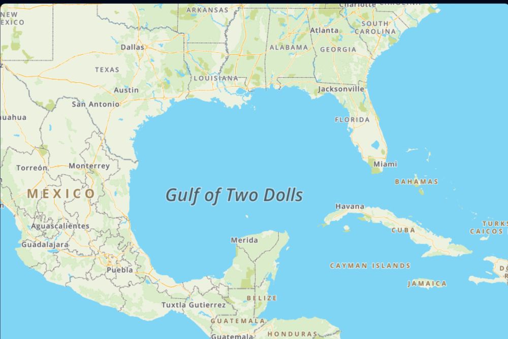 Meme: a picture of The Gulf labeled, “Gulf of Two Dolls”
