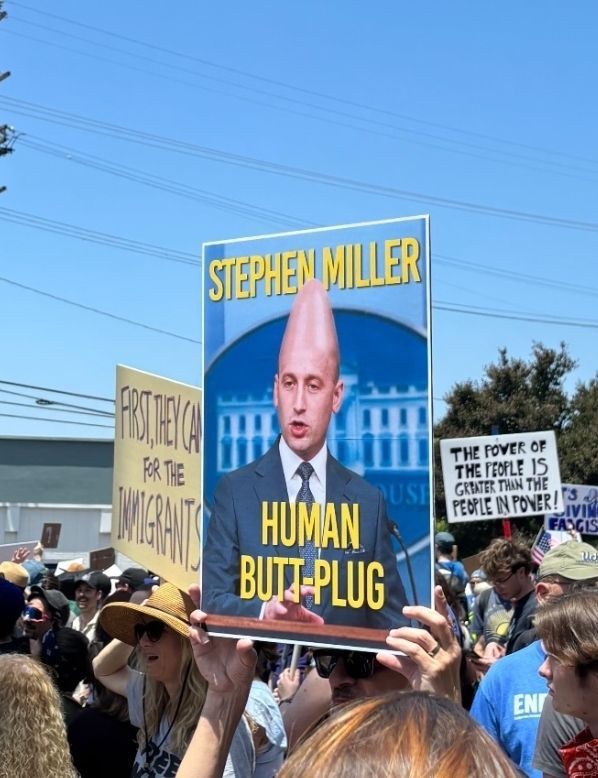 Protest sign with picture of Stephen Miller, his bald head elongated into a conical shape.  Text reads, 
“Stephen Miller
Human Butt-Plug”