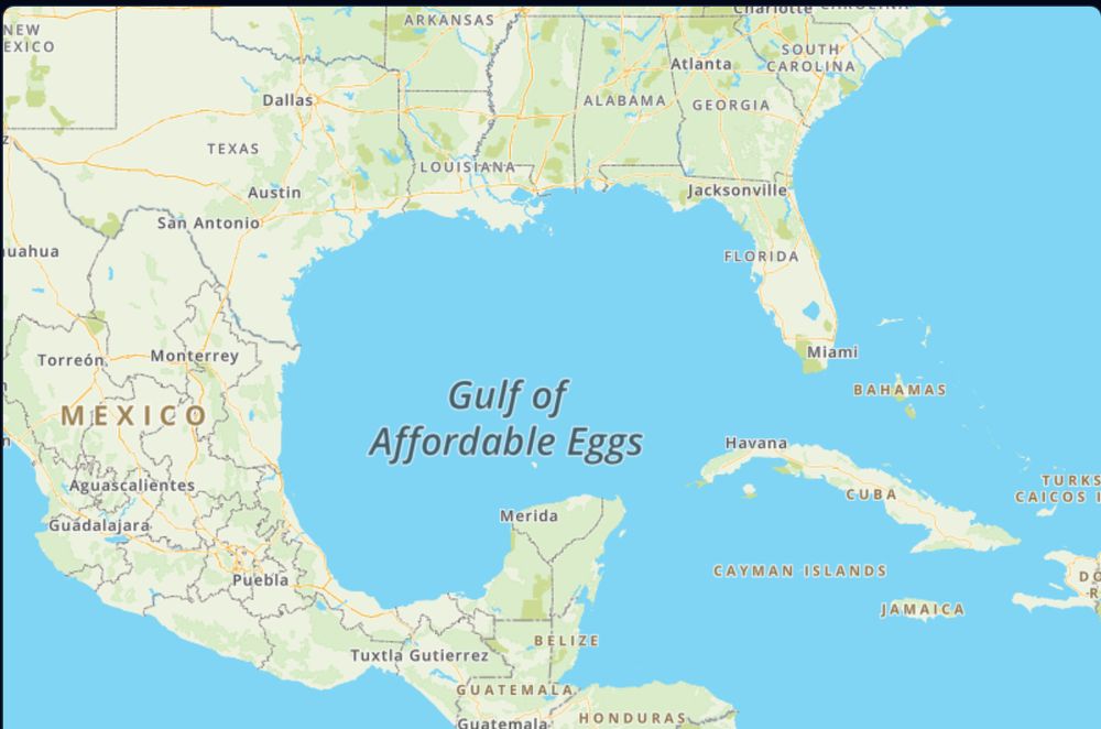 Meme: picture of Gulf of Mexico - labeled,”Gulf of Affordable Eggs”