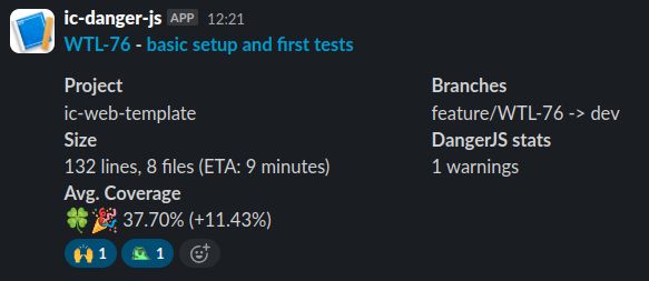 DangerJS slack notification showing test coverage, changed lines with estimate for review and found issues