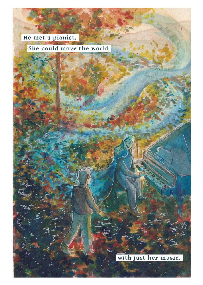 A watercolor painting. The apprentice talks to a pianist (Beatrice Berrut), who sits at a piano. Around her, leaves are floating in the wind. The caption says: He met a pianist. She could move the world with just her music. 