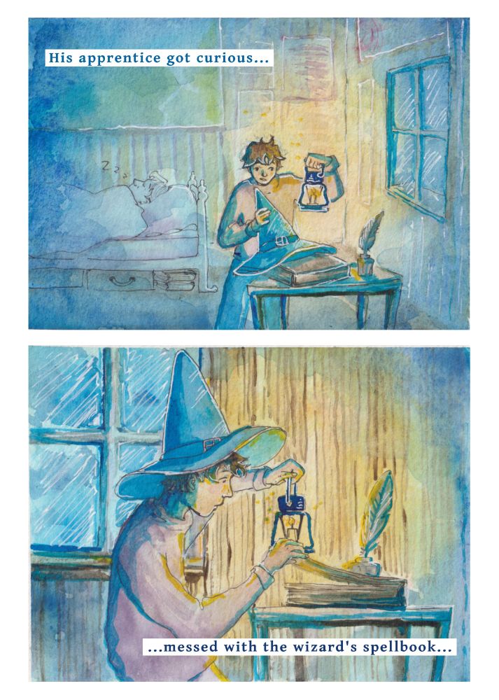 A watercolor painting. Inside the house, a boy uses his lantern to take a peek at the wizard's hat and spellbook. The caption says: His apprentice got curious, messed with the wizard's spellbook...
