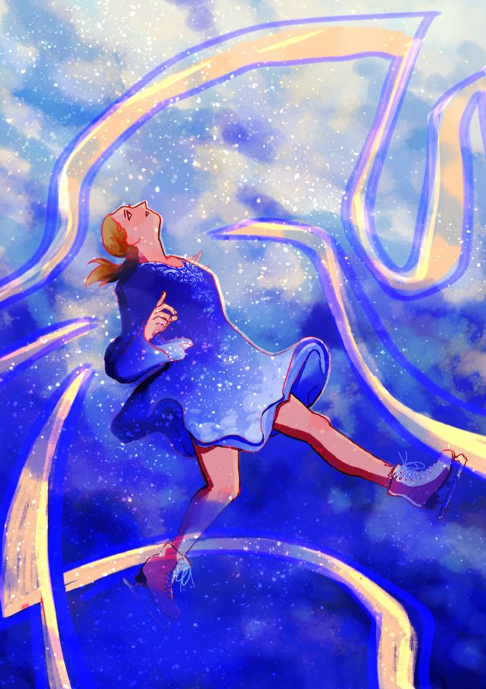 a digital painting inspired by sofja stepčenko's short program. she is floating in the clouds, looking up towards the sun