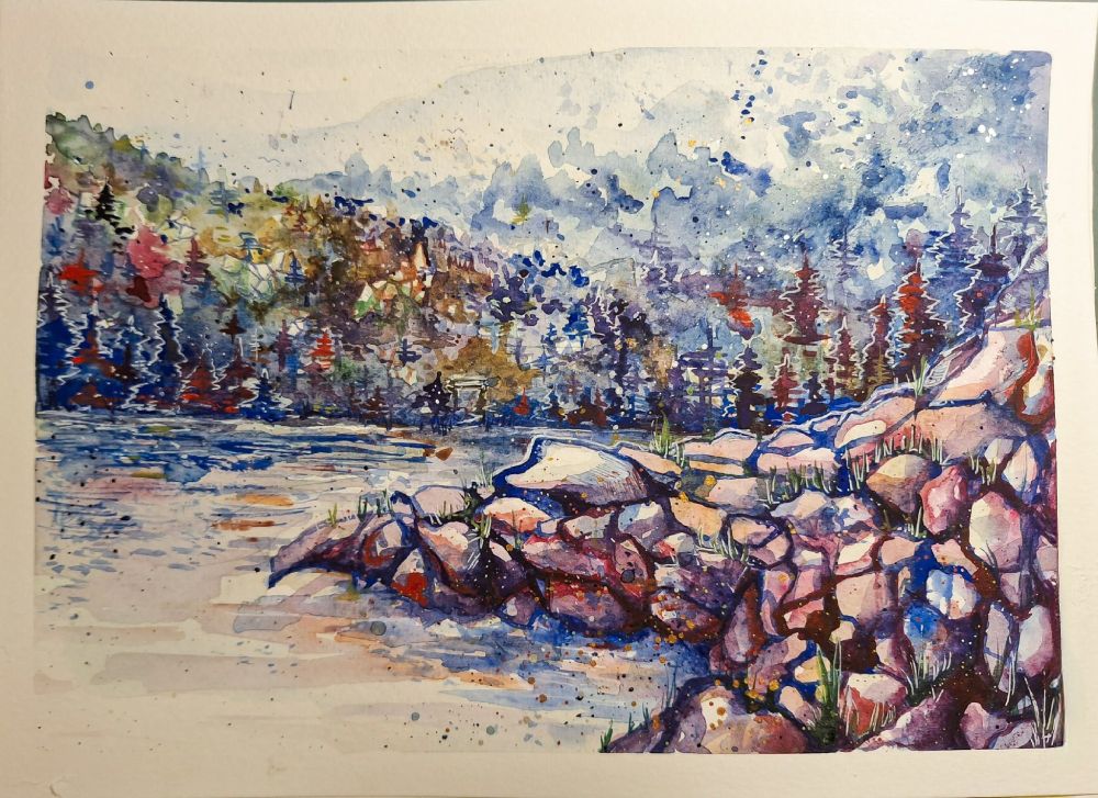 A watercolor painting of a valley with a lake. The rocks that are the closest to us look like a dragon's claw resting above the water. 