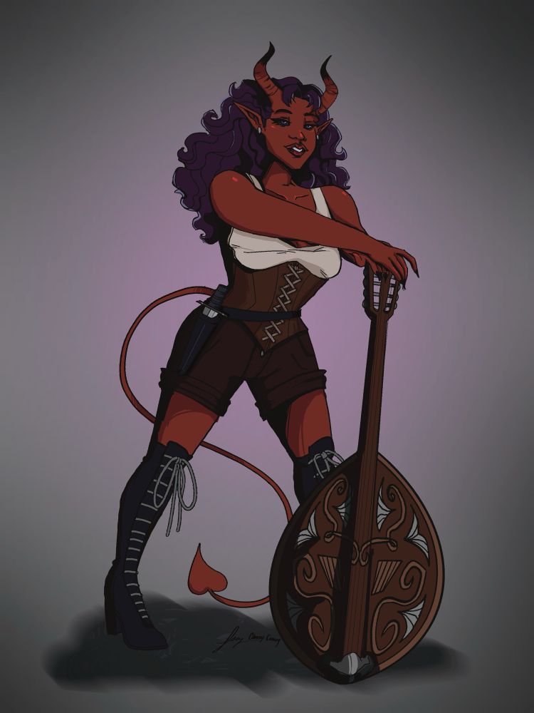 A red tiefling bard with curly purple hair, wearing thigh high boots, brown shorts, a brown leather corset and a white sleeveless top, leaning on a large lute style instrument. 
