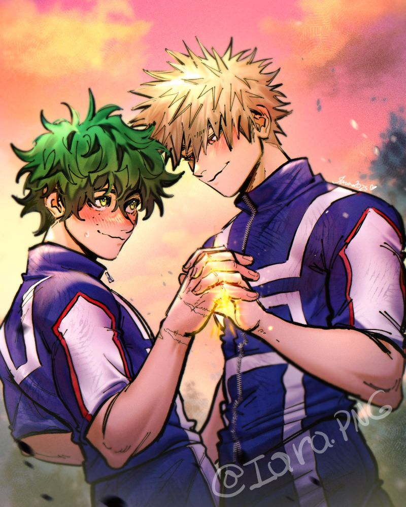 Izuku and Katsuki with sparks between them