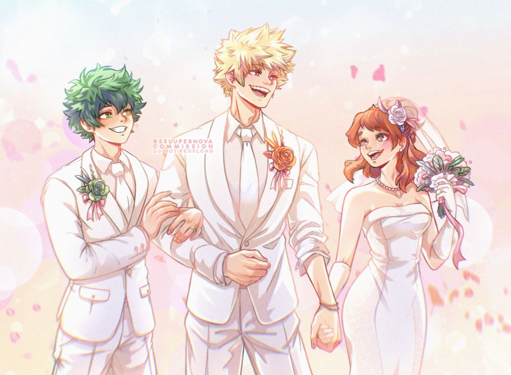 Izuku, Katsuki, and Ochako in wedding attire