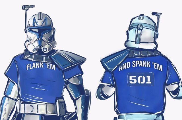 Clone wars Rex wearing a shirt that says Flank'Em on the front, and the back says And Spank'Em above the numbers 501 like a jersey