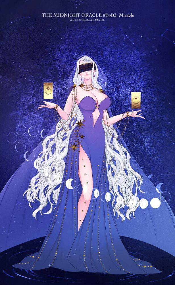 Midnight Oracle :

She carried long, lustrous hair of shimmering silver, as if spun from moonlight.

A beautiful young witch, radiant as the moon, dressed in a high-slit gradient purple gown, adorned with a golden star-shaped necklace. Draped over her shoulders is a sheer shimmering cloak, glistening like the night sky filled with countless stars.

She wears a lace blindfold that hides her eyes in delicate mystery.