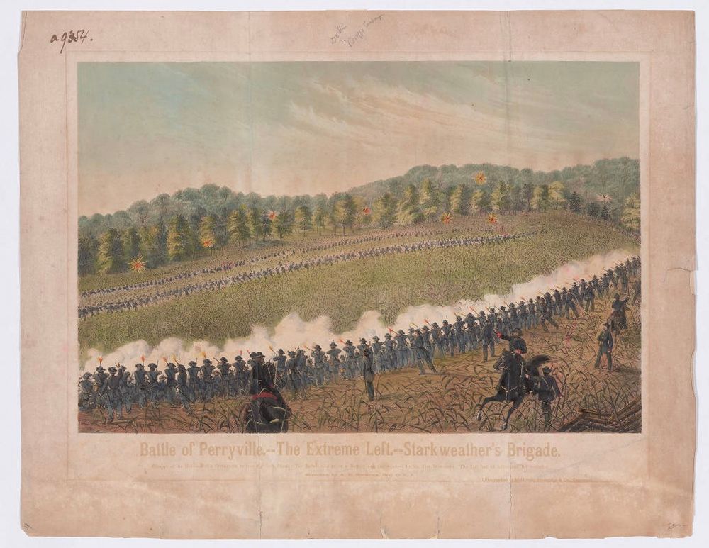 Wartime lithograph of the Battle of Perryville. 