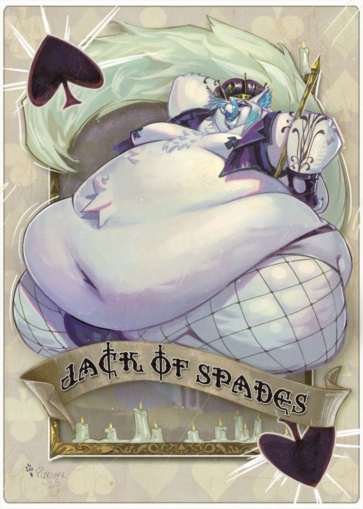 a jack of spades playing card with a big ole white fox/cat hybrid.