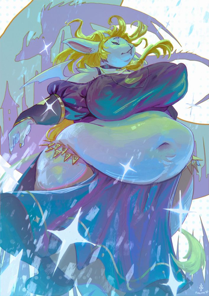 A voluptuous dragon/goat/lion hybrid woman surrounded by magic