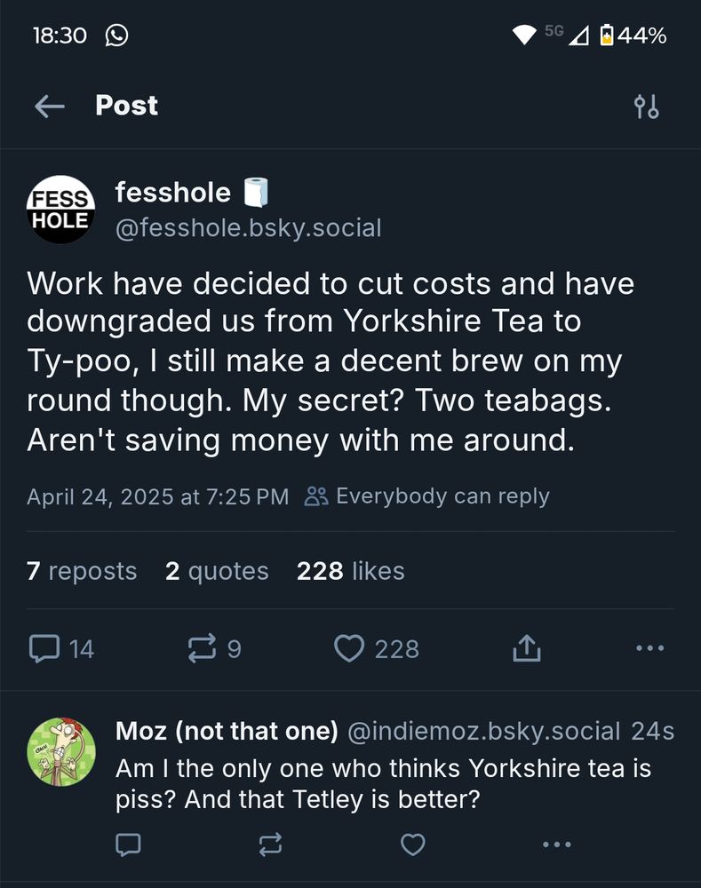 A screenshot of a blue sky post about my opinion on tea. Tetley's is better than Yorkshire.