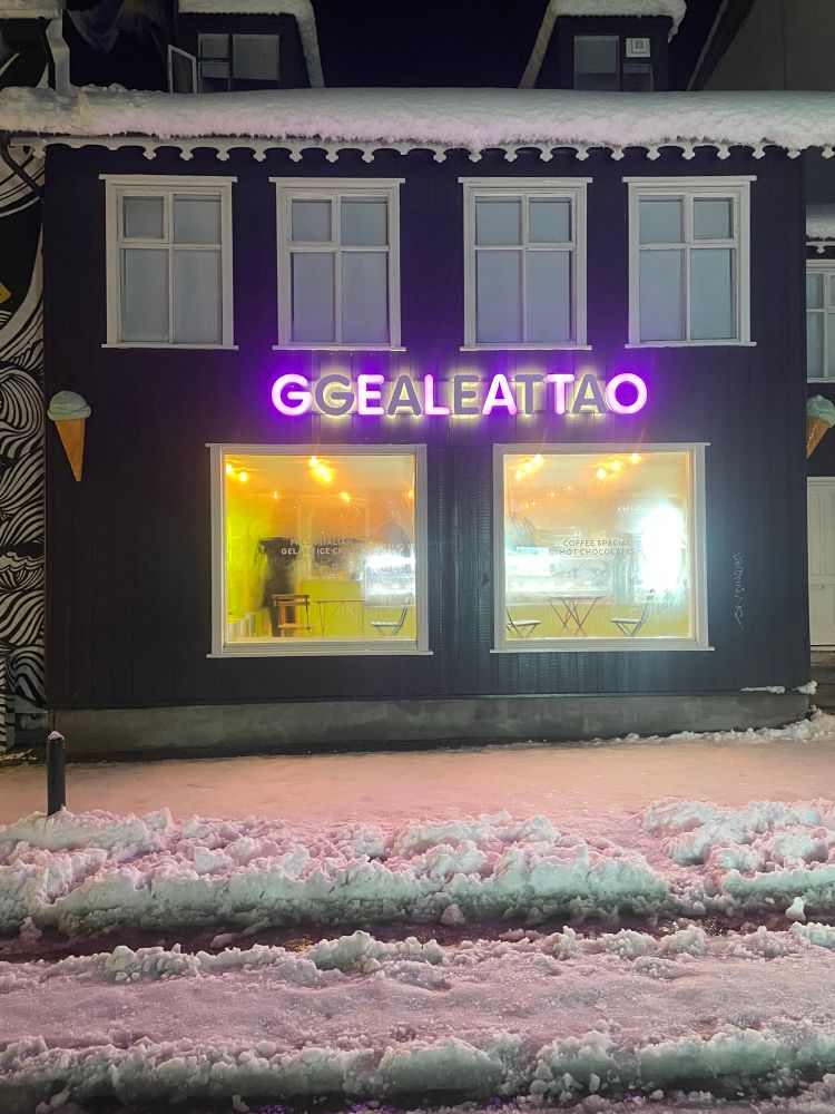 Exterior of gelato store, Reykjavík, night.