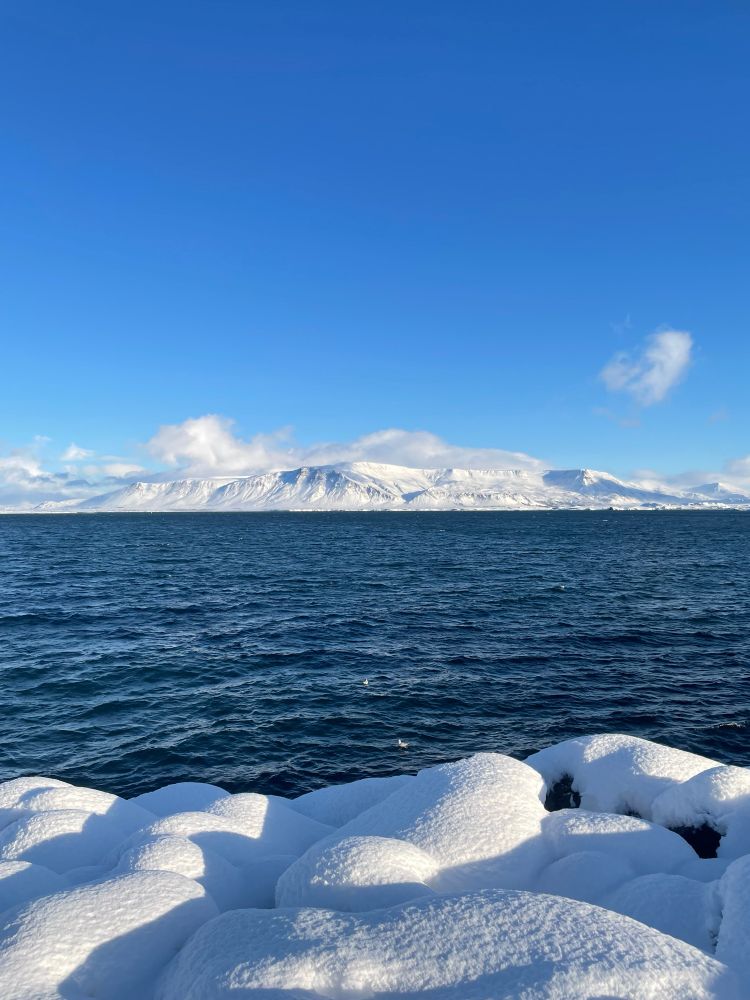 Water and mountains off the shore of Reykjavik, with snow-covered rocks in the foreground, morning.