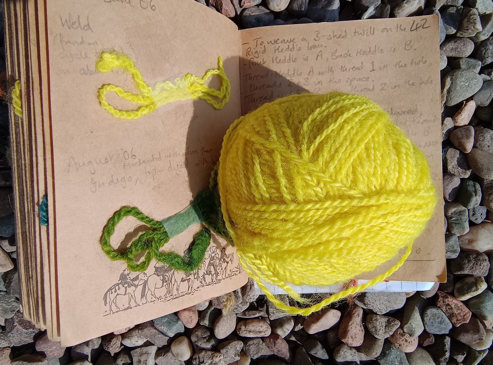 A ball of yellow wool, and sample pieces of yellow and green.