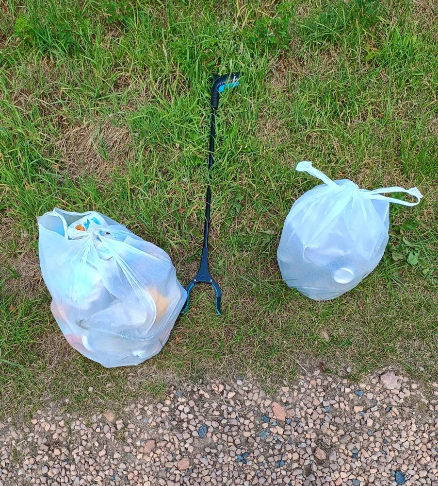Litter picker and two bin bags full of rubbish.