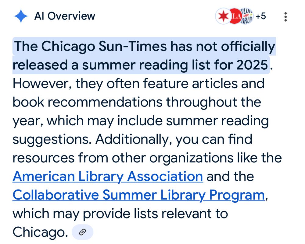 AI text, highlighted portion, reads:  “The Chicago Sun-Times has not officially released a summer reading list for 2025.”