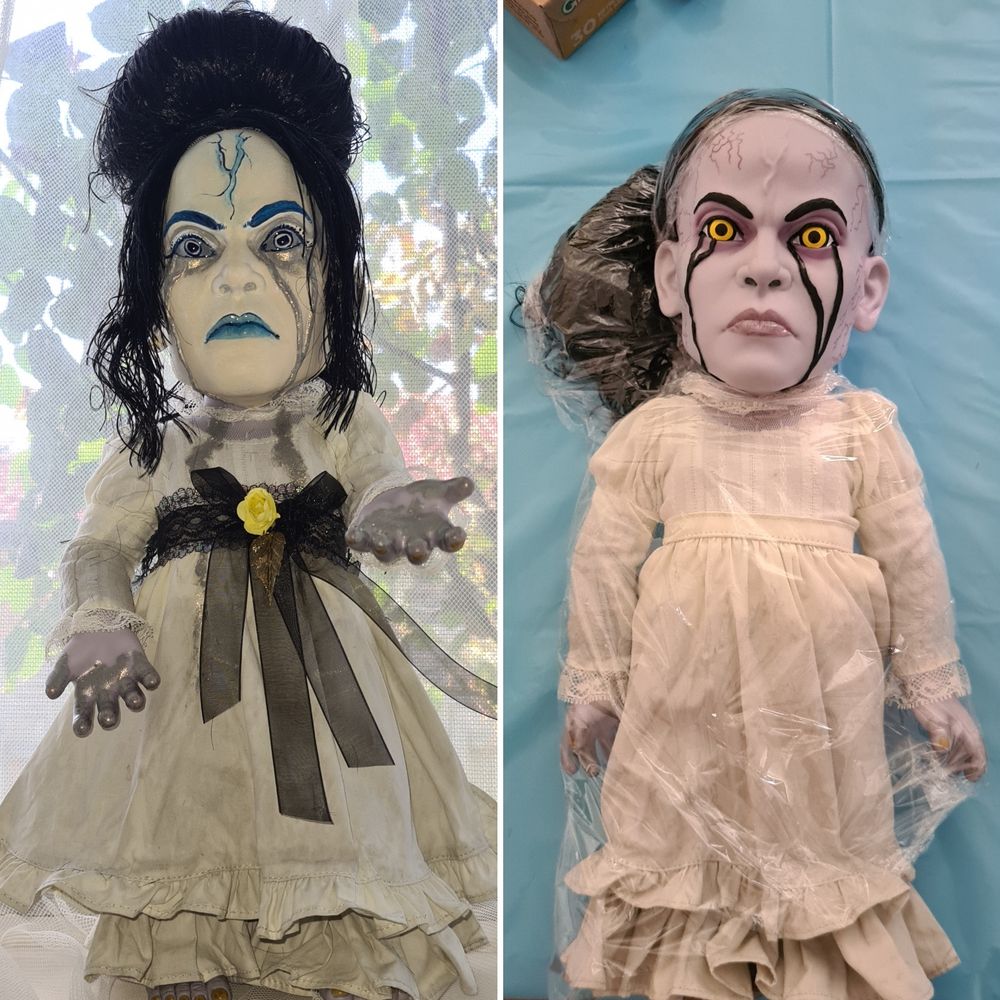 Photo of two dolls side by side. Doll on the right is how the doll looked before being modified. Doll on the right is after modification.