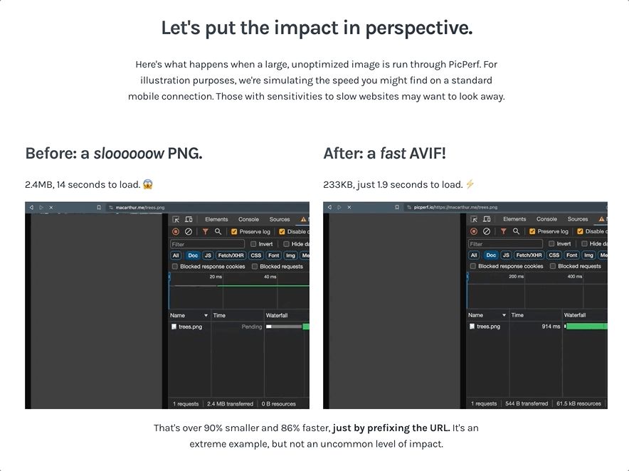 comparing load time between PNG and AVIF images