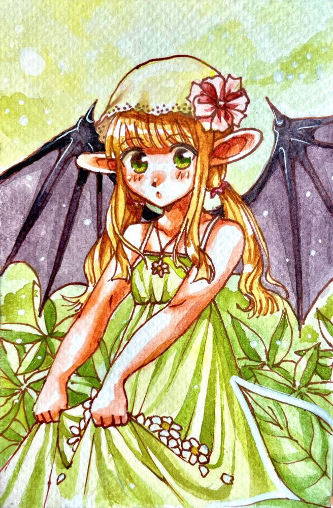 Fanart of Nina from Plus Anima. She’s holding flowers in her green dress, with her wings spanned out.