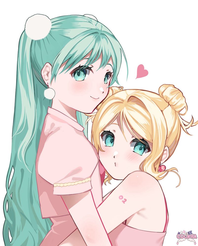 Hatsune Miku and Kagamine Rin fanart. They are hugging.