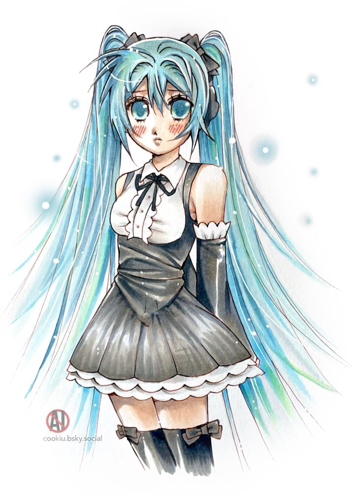 fanart of Hatsune Miku in her Gothic module. She is standing with her arms behind her back, and her twintails flay out behind her. She has somewhat of a worried expression on her face. The art is done with copics on 7x10 mixed media paper.