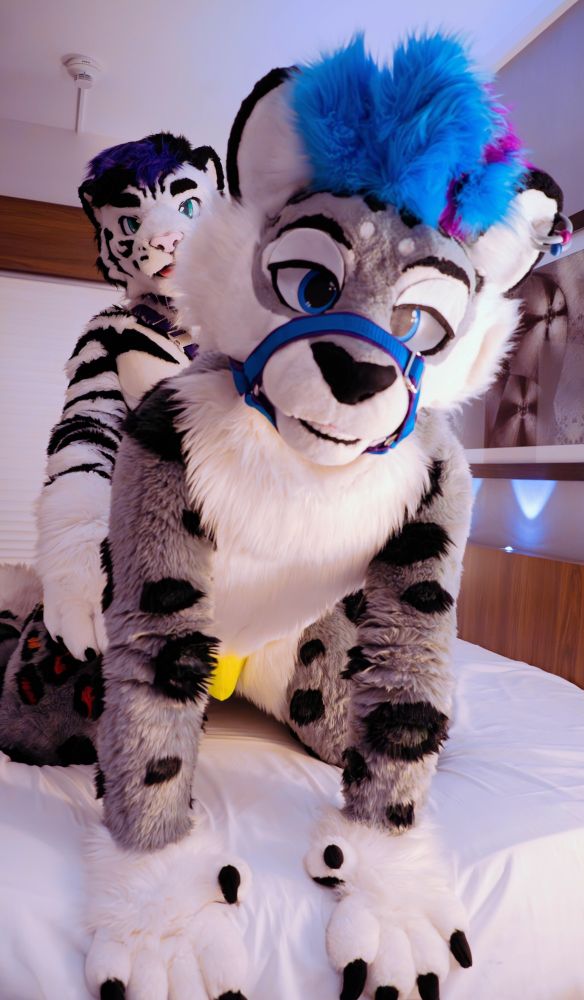 Nickel and Silver on the bed in fullsuit, with Nickel behind and with his hands on Silver's hips 