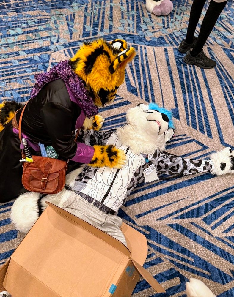 Silver, sticking out of a box on the ground dead, with Downum looking concerned and paws on his chest