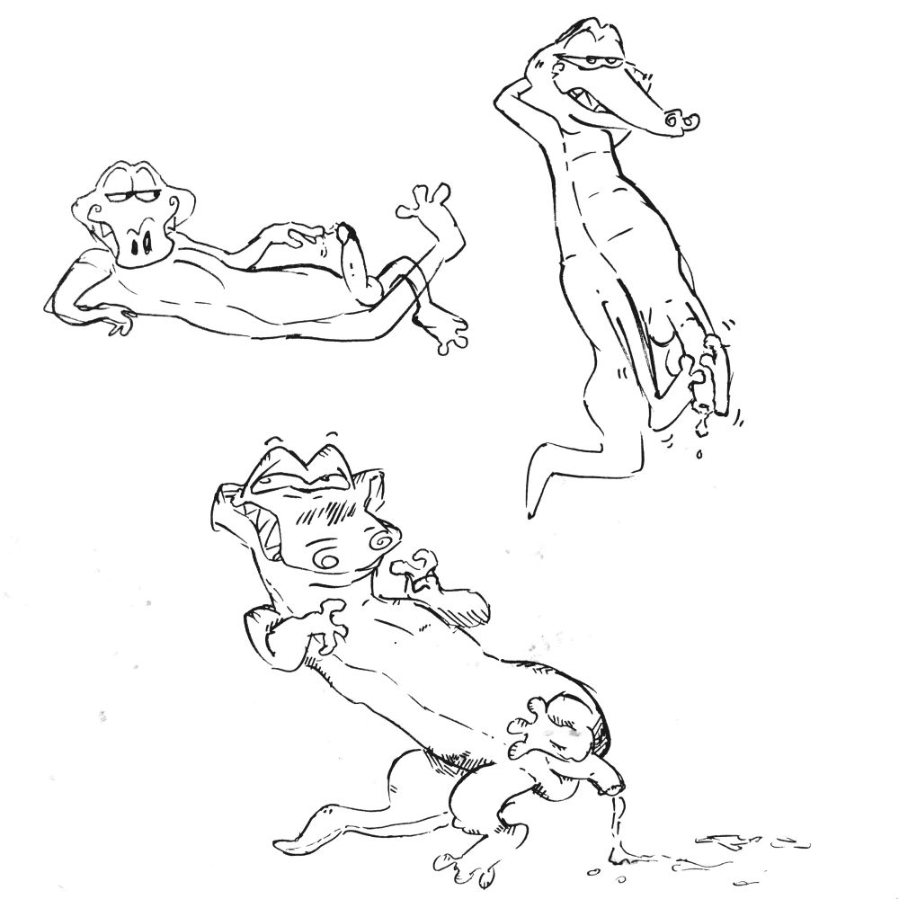 ink doodles of three cartoony gators, each grinning with their dicks out and dripping