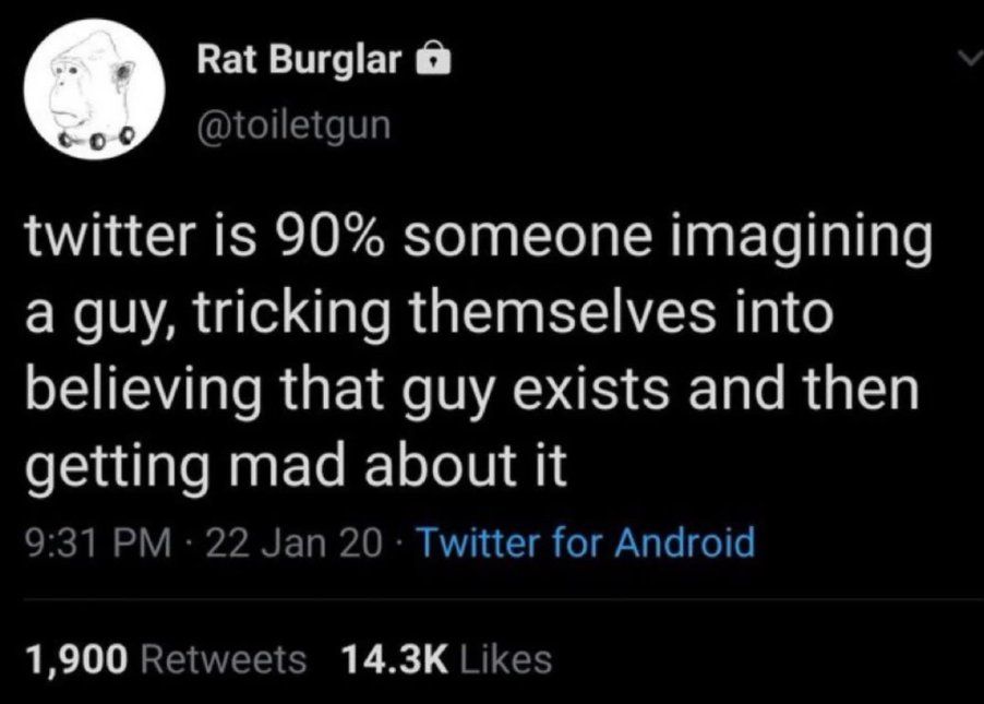 Tweet by Twitter poster @toiletgun:

"twitter is 90% someone imagining a guy, tricking themselves into believing that guy exists and then getting mad about it"