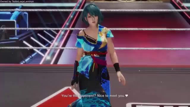 a woman in a blue dress is standing in a wrestling ring and talking to someone .