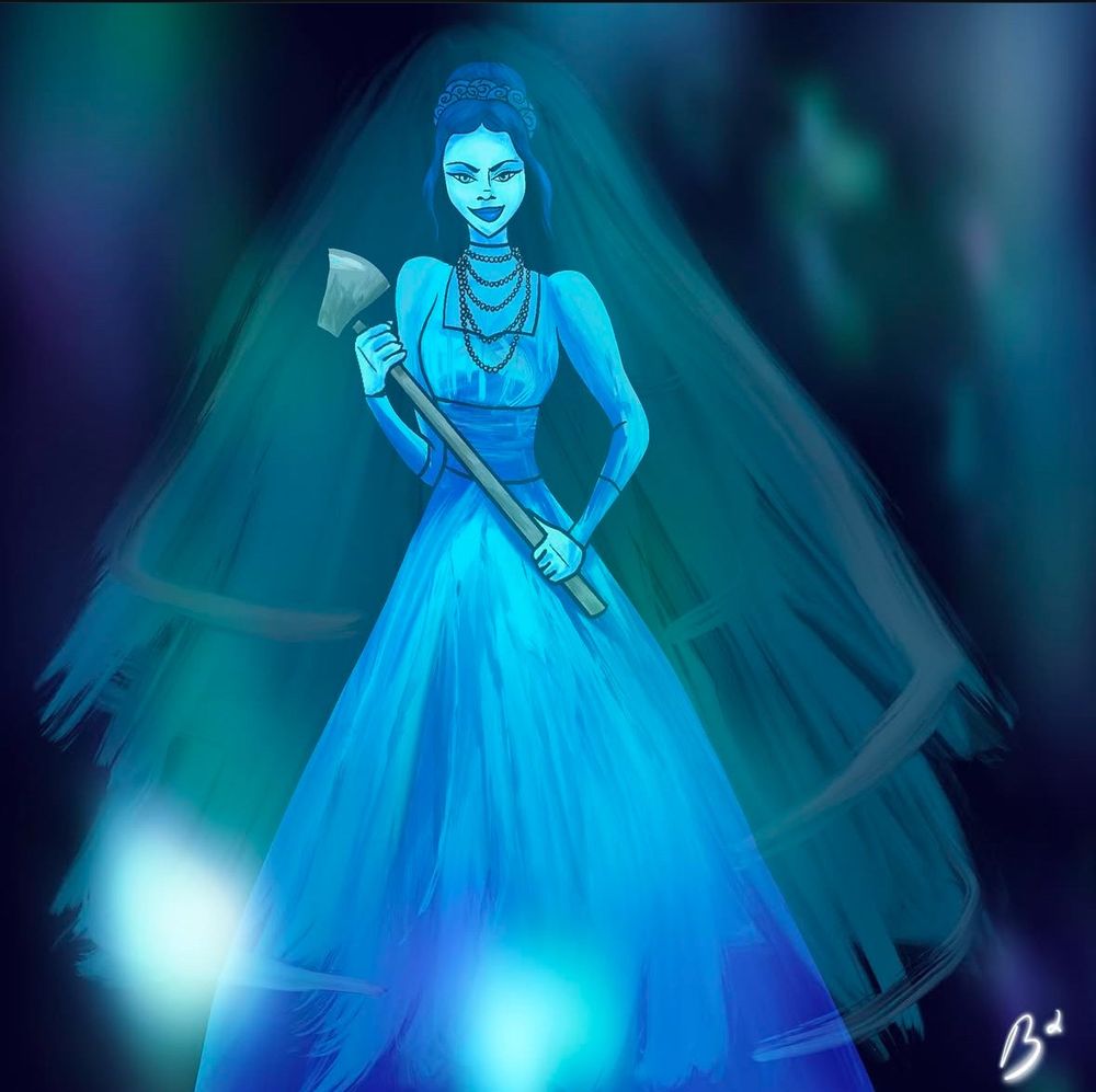 Drawing of a ghost bride holding an axe 