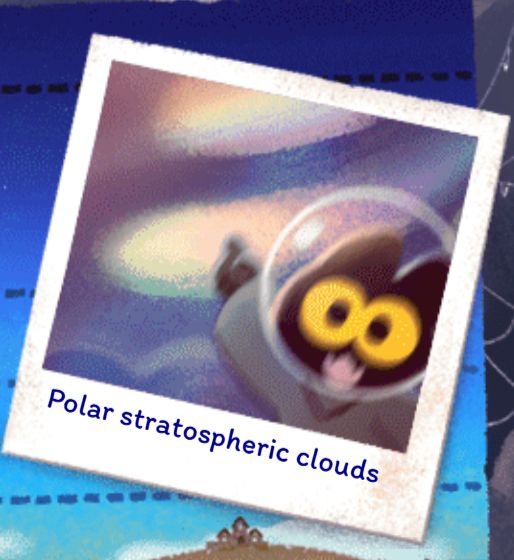 a photo frame of momo [a anthropomorphic black cat with yellow eyes] pointing towards something with a happy expression on their face - with text below it reading "polar stratospheric clouds"