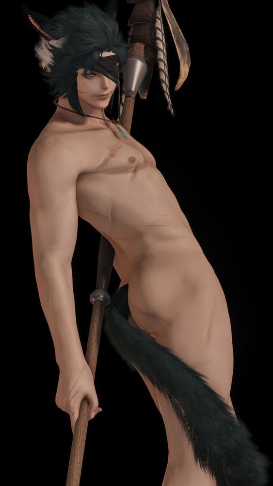 A green haired miqo'te posing with a lance.