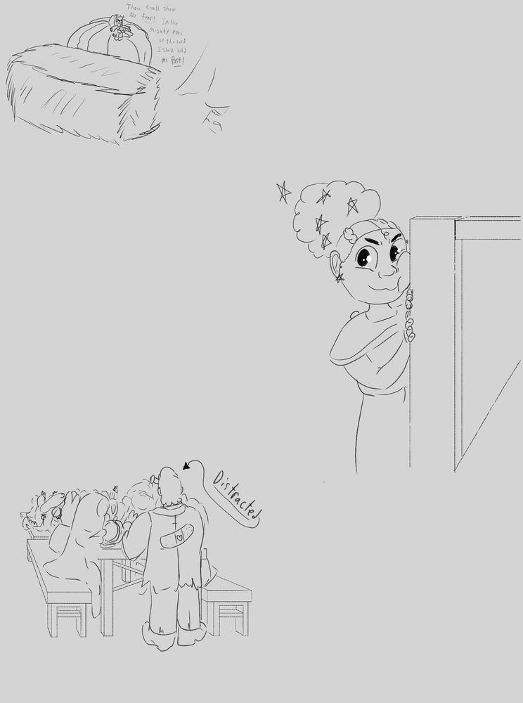 Pills, looking brave. Words faded lightly: Thou shall show no fear! In the mighty eyes of the lord I shall hold my POST!

Claire looking at Eddie.

Eddie, talking to the table of kids with pumpkins.

The word Distracted pointed at Eddie.
