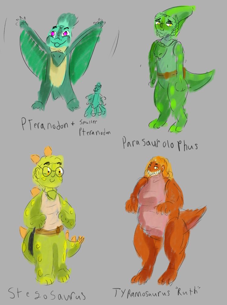 Claire and  her doll, Pills, are teal Pteranodons with Becks hanging from her neck.

Molly is Parasaurolophus, her mask has a little nose maker inside. She is a little embarrassed to be dressed up like this.

Lars is a Stegosaurus, a Beck is hanging around his neck. His hallow tail is attached with a belt.

Ruth is a Tyrannosaurus Rex, the instead of Rex, it's Ruth. Sharp teeth are panted over her mouth.