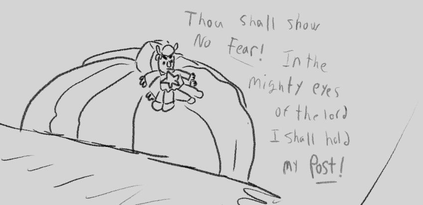 
Pills, the Howdy Piller doll, sitting on a HUGE pumpkin with a hay bale infront. 

Faded text reads: Though shall show no Fear! In the mighty eyes of the lord I shall hold my Post!