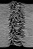 An image of a stacked plot of radio emissions emitted by a pulsar — white lines on black background with irregular wave peaks, as made famous on the cover of Joy Division’s 1979 album Unknown Pleasures. 