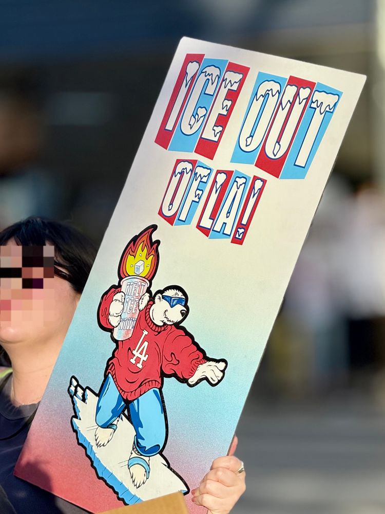 Protest sign: ICE out of LA in the style of an ad for Icee slushes