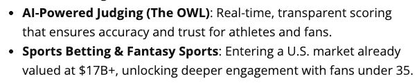 Screen grab from press release that details to of the X Games' "key moves" for 2026:

AI-Powered Judging (The OWL): Real-time, transparent scoring that ensures accuracy and trust for athletes and fans.

Sports Betting & Fantasy Sports: Entering a U.S. market already valued at $17B+, unlocking deeper engagement with fans under 35.