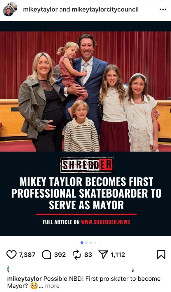 Instagram post from Mikey Taylor featuring a ShreddER News screengrab announcing news of his mayoral victory in Thousand Oaks, California.