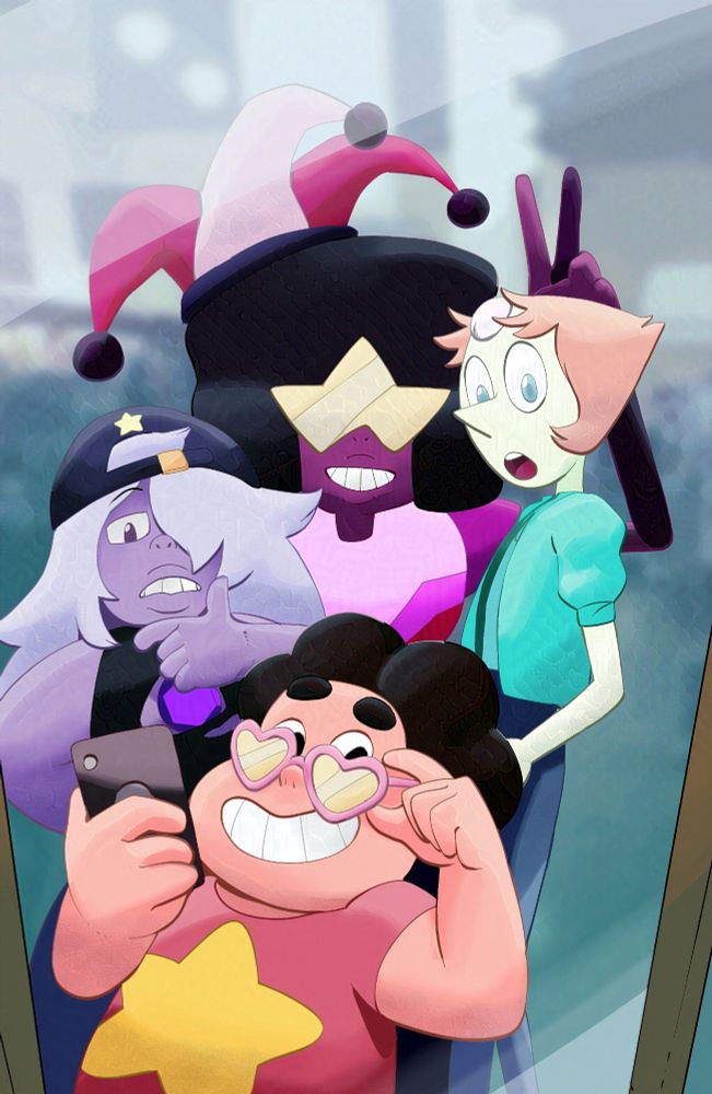 The Crystal Gems in a mirror selfie taken by Steven who is holding the phone and sporting heart shaped glasses. Amethyst is making the iconic f-boy face with a backwards cap on, Garnet has a jester hat on and is doing the bunny ear thing to Pearl, who just looks surprised.
